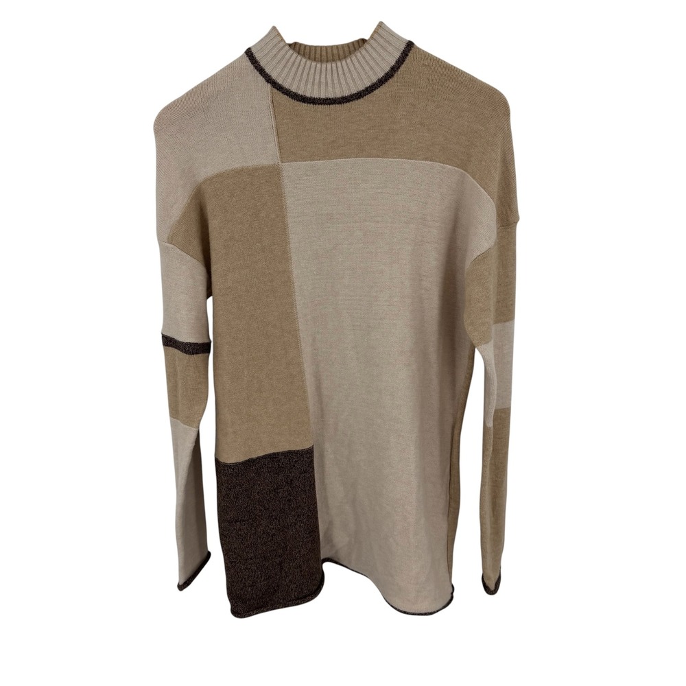 Badgley Mischka Sweater Women XS Oatmeal Ivory Colorblock Mock Neck Quiet Luxury